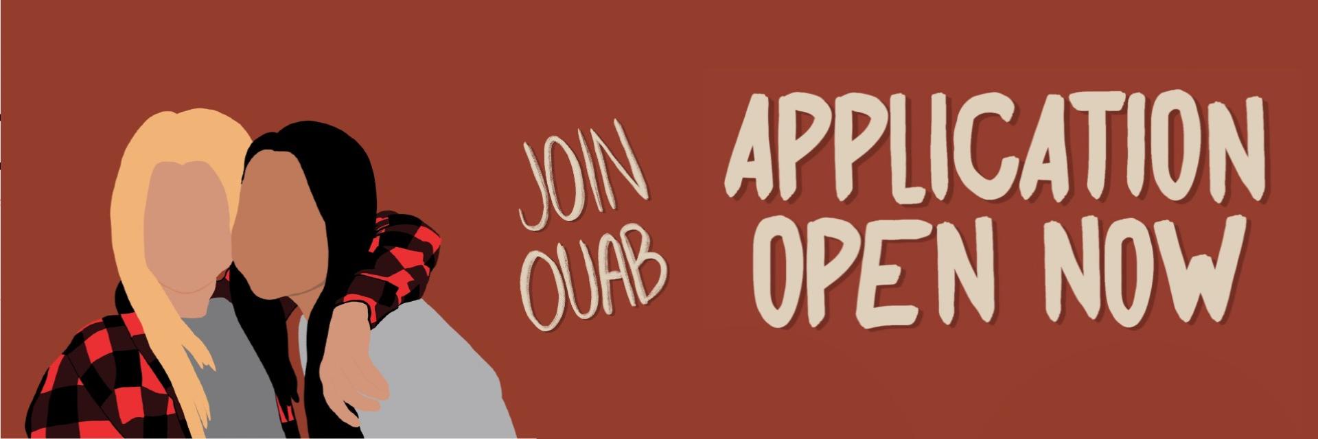 Two silhouettes hugging each other with the words Join OUAB and Application Open Now